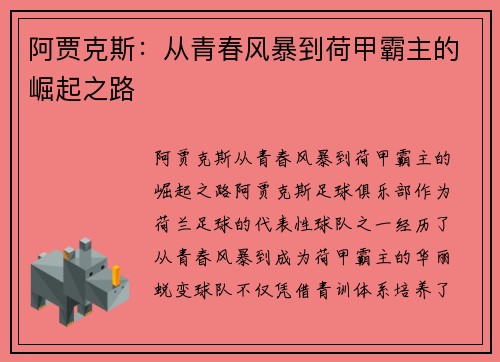 阿贾克斯：从青春风暴到荷甲霸主的崛起之路